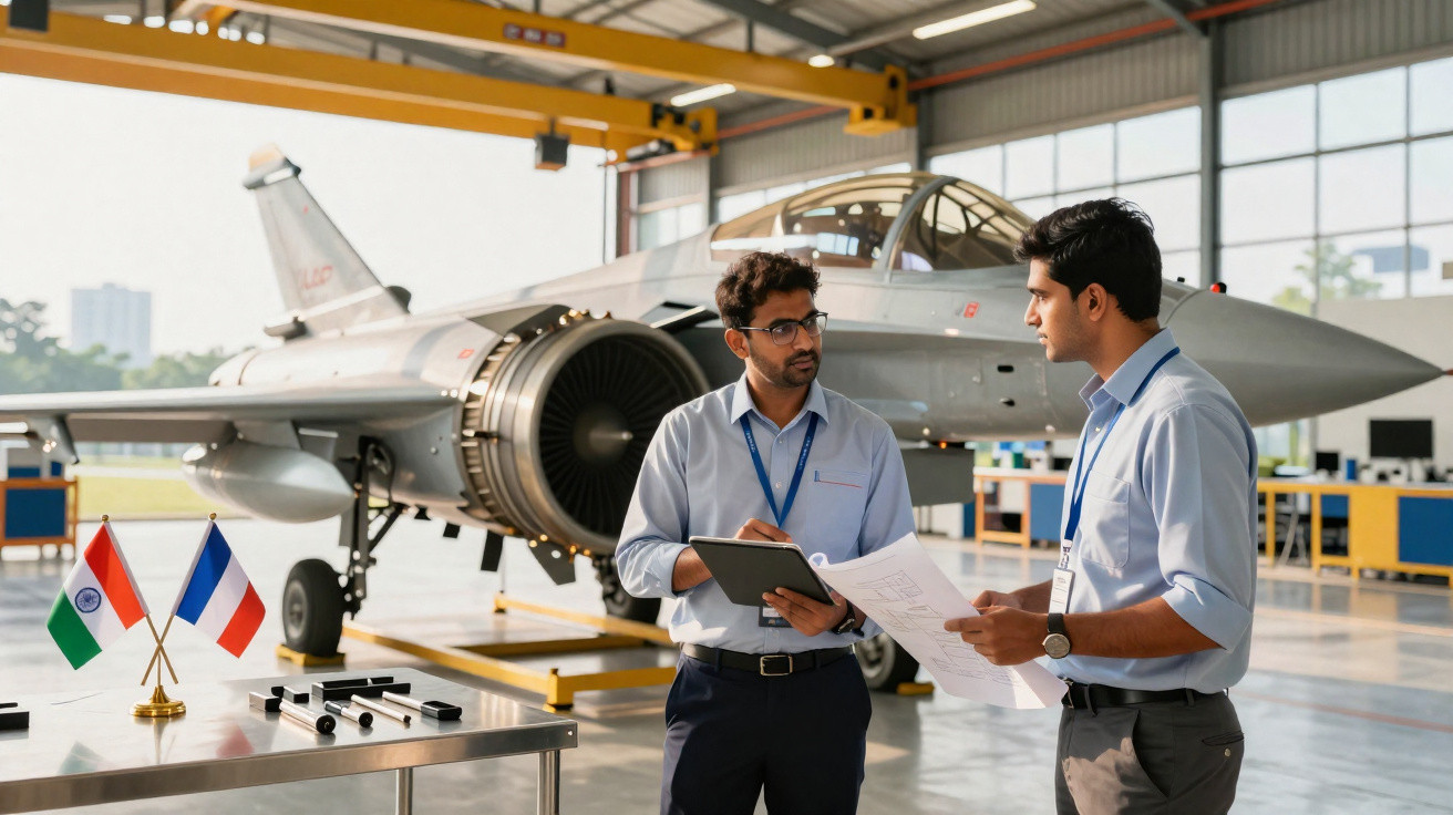 Dois engenheiros discutem planos junto a um jato militar em hangar com bandeiras da Índia e França numa mesa próxima.