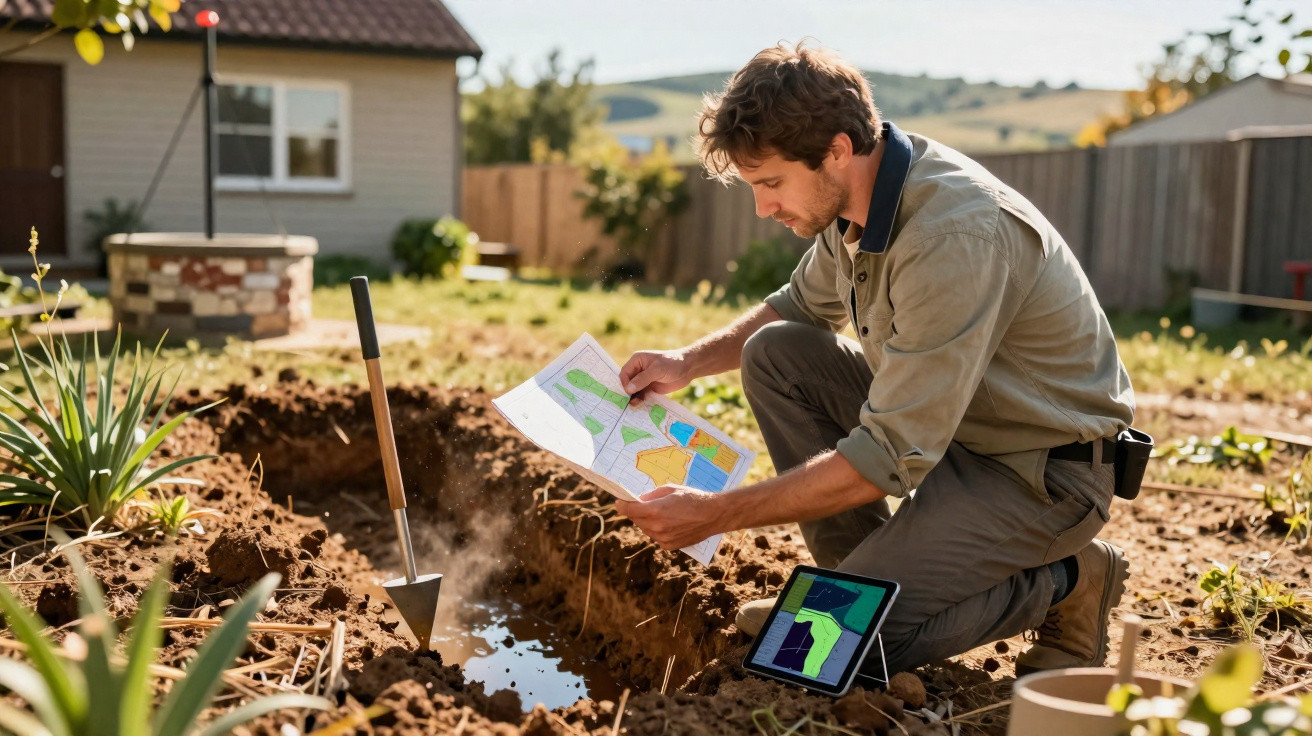 Homem com roupa de trabalho a examinar mapa e tablet junto de uma vala de jardim com plantas à volta.