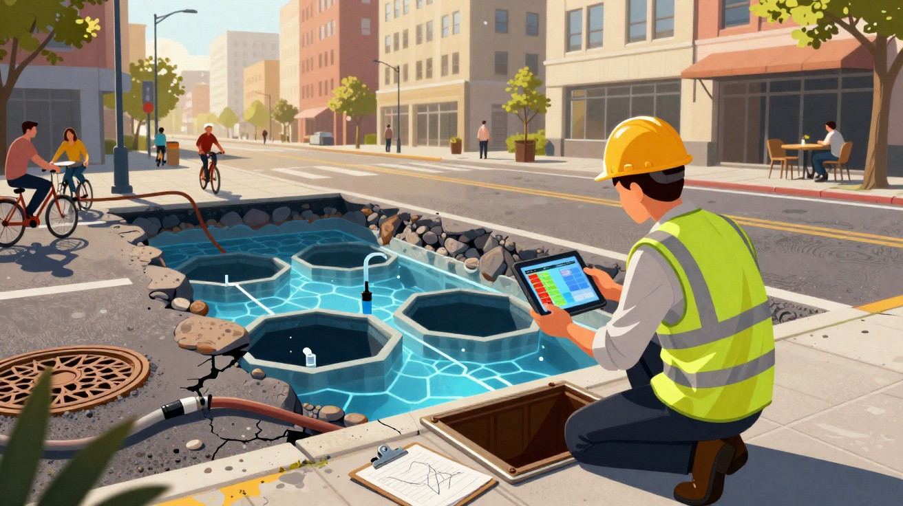 Técnico com capacete e colete reflete em tablet equipamento tecnológico numa estação de água urbana.
