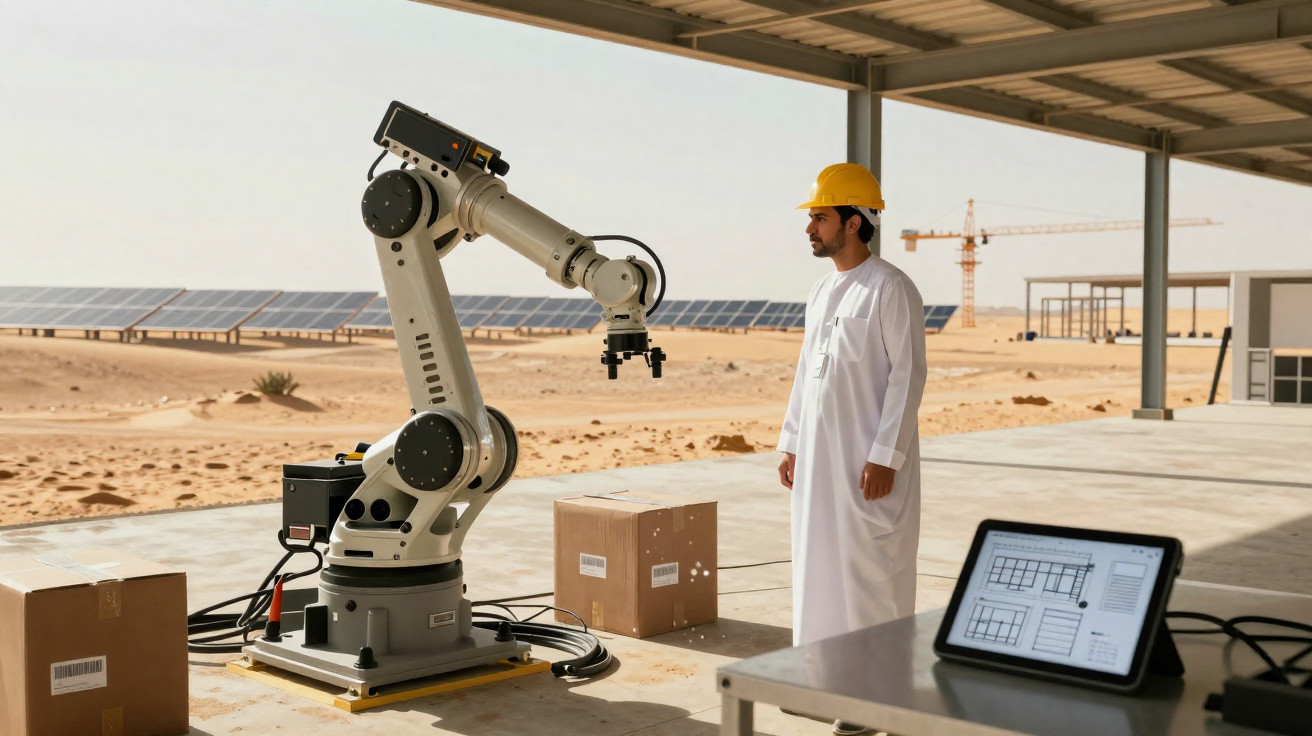 Homem com capacete amarelo observa braço robótico num estaleiro de construção no deserto.
