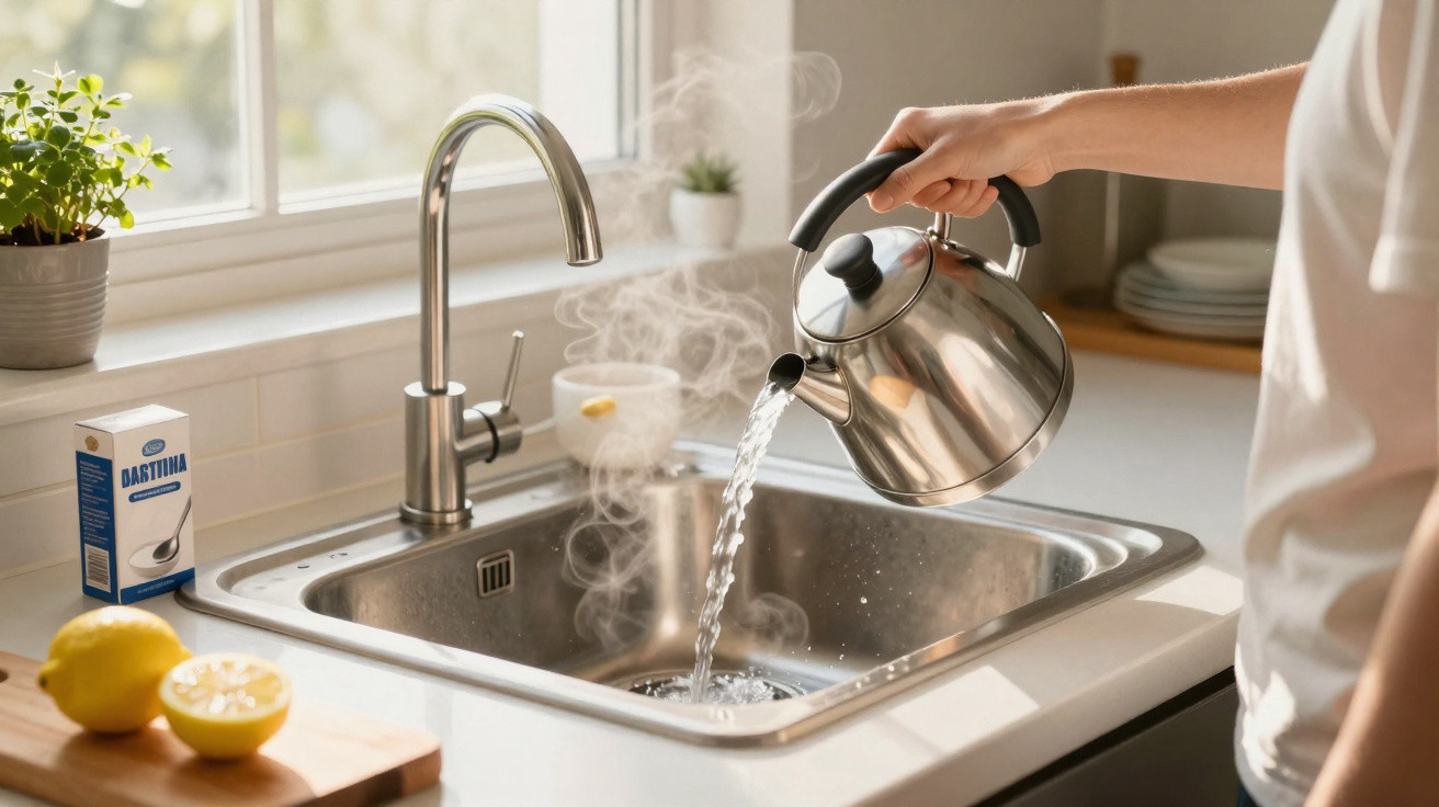 Pessoa a despejar água quente de um bule de inox numa pia de cozinha moderna com vapor visível.