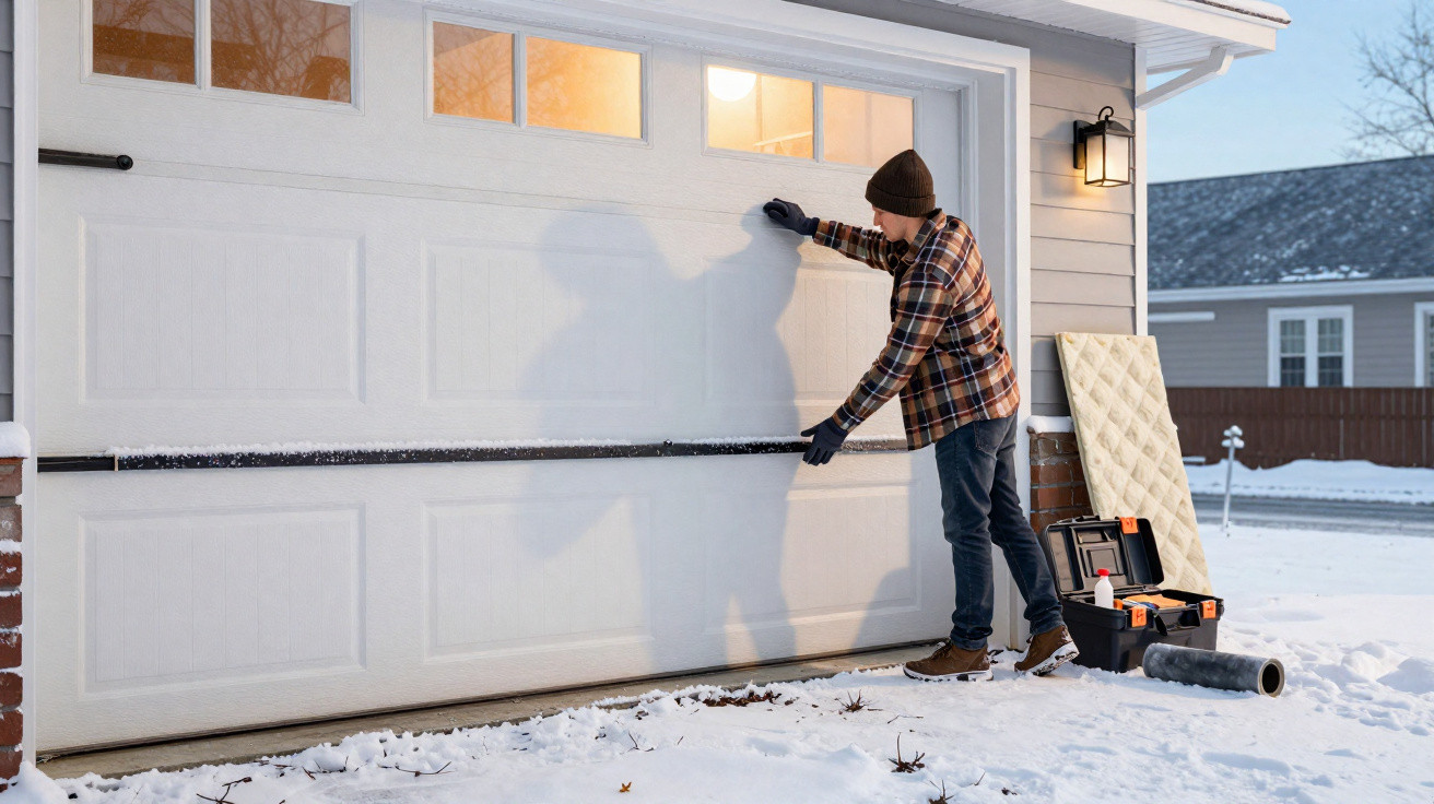 Homem vestido de inverno pressiona campainha ao lado de porta de garagem branca em ambiente com neve.
