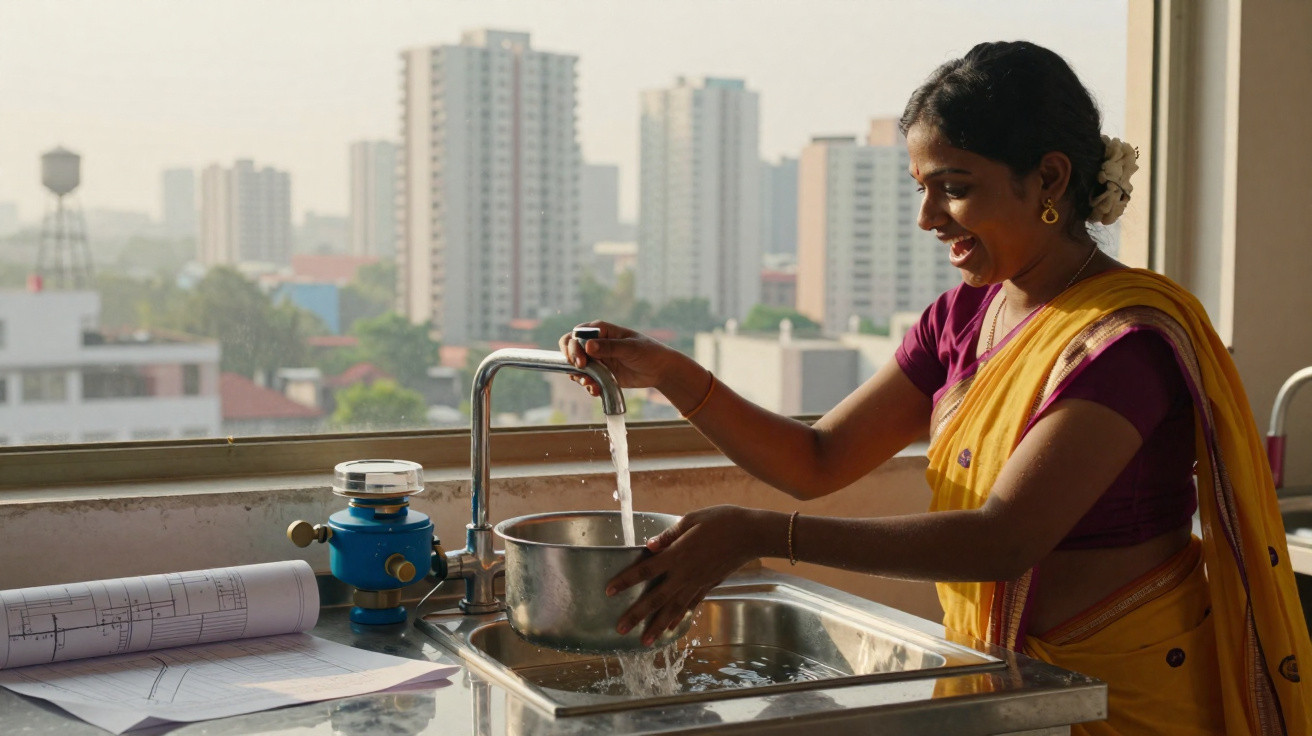 Mulher indiana com sari amarelo enche panela de água numa cozinha com vista urbana.