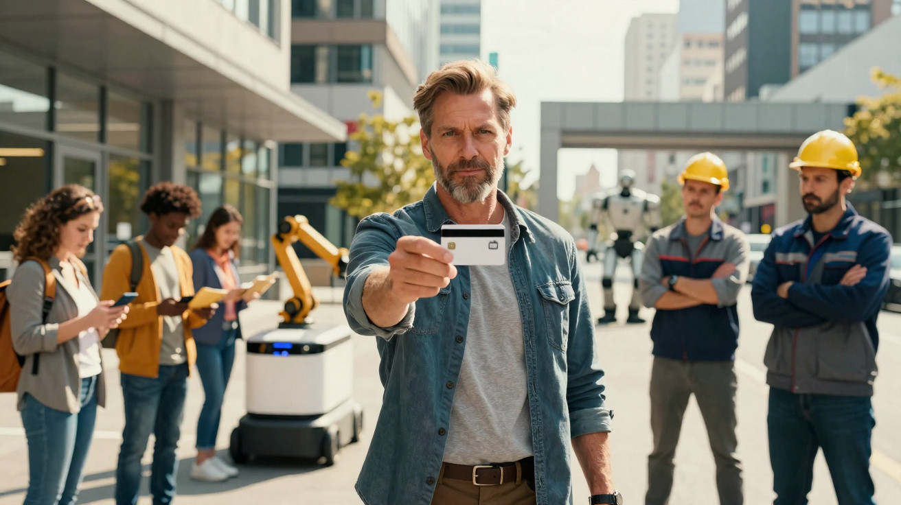 Homem mostra cartão enquanto grupo diverso interage com tecnologia robótica em ambiente urbano moderno.