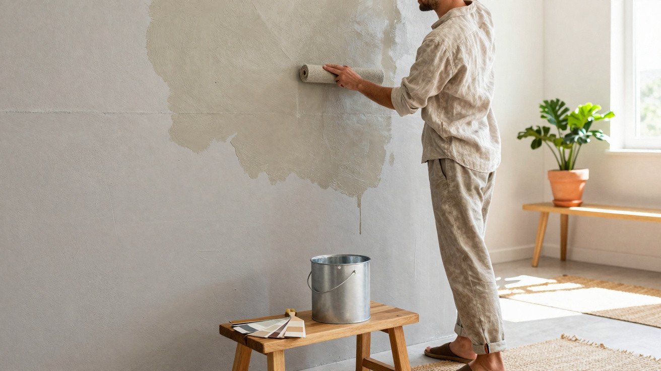 Homem a aplicar revestimento decorativo cinza claro numa parede interior com ferramenta manual.