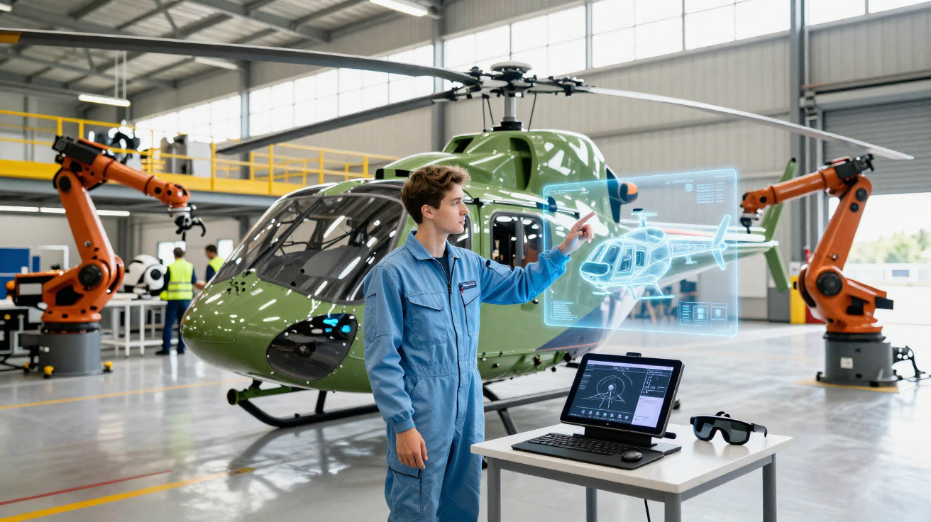 Engenheiro em macacão azul interage com holograma de helicóptero numa oficina tecnológica com robôs industriais.
