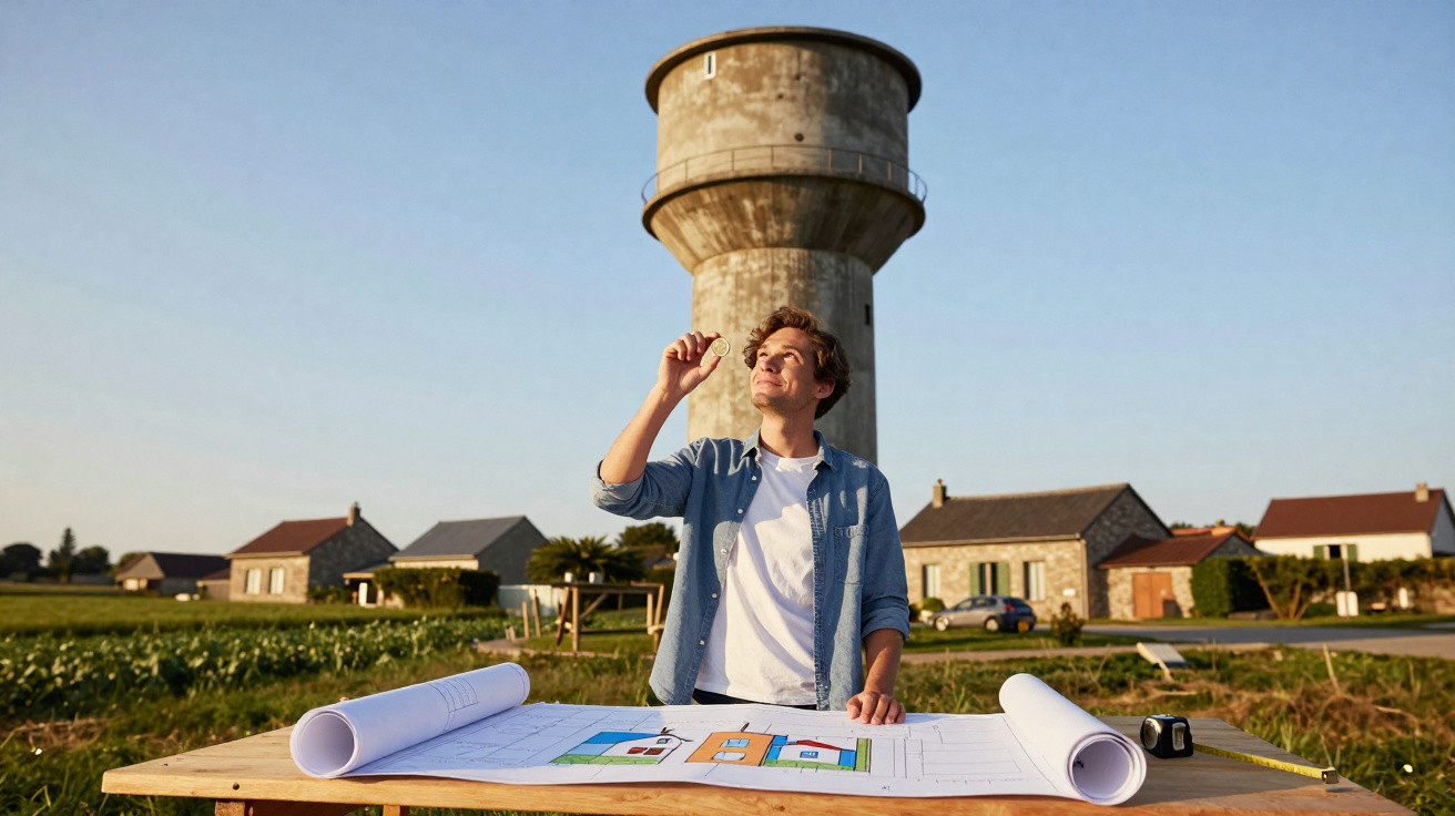 Homem jovem analisa moeda perto de blueprint numa mesa ao ar livre com torre de água e casas ao fundo.