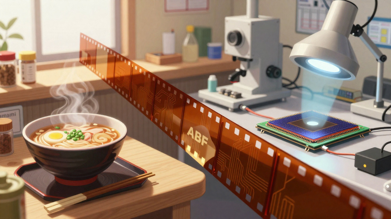 Imagem dividida mostra sopa fumegante num ambiente tradicional e componente eletrónico num laboratório moderno.