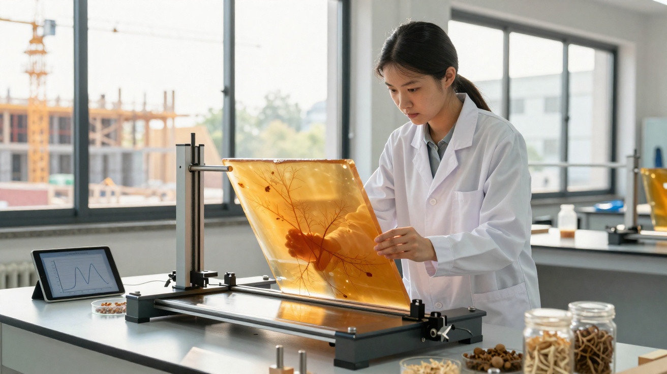 Cientista em laboratório a analisar espécime em placa de resina amarela com equipamentos e frascos à volta.