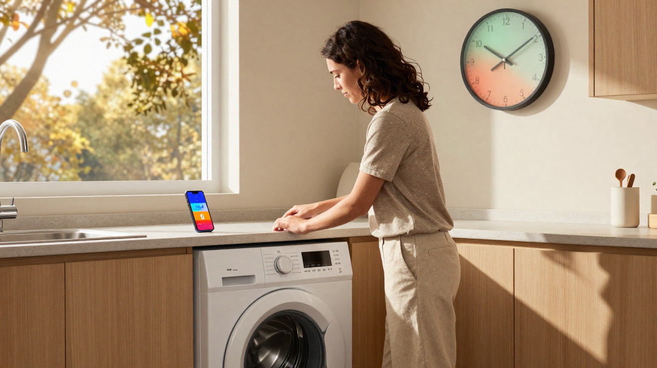 Mulher a usar máquina de lavar na cozinha com relógio na parede e telemóvel na bancada.