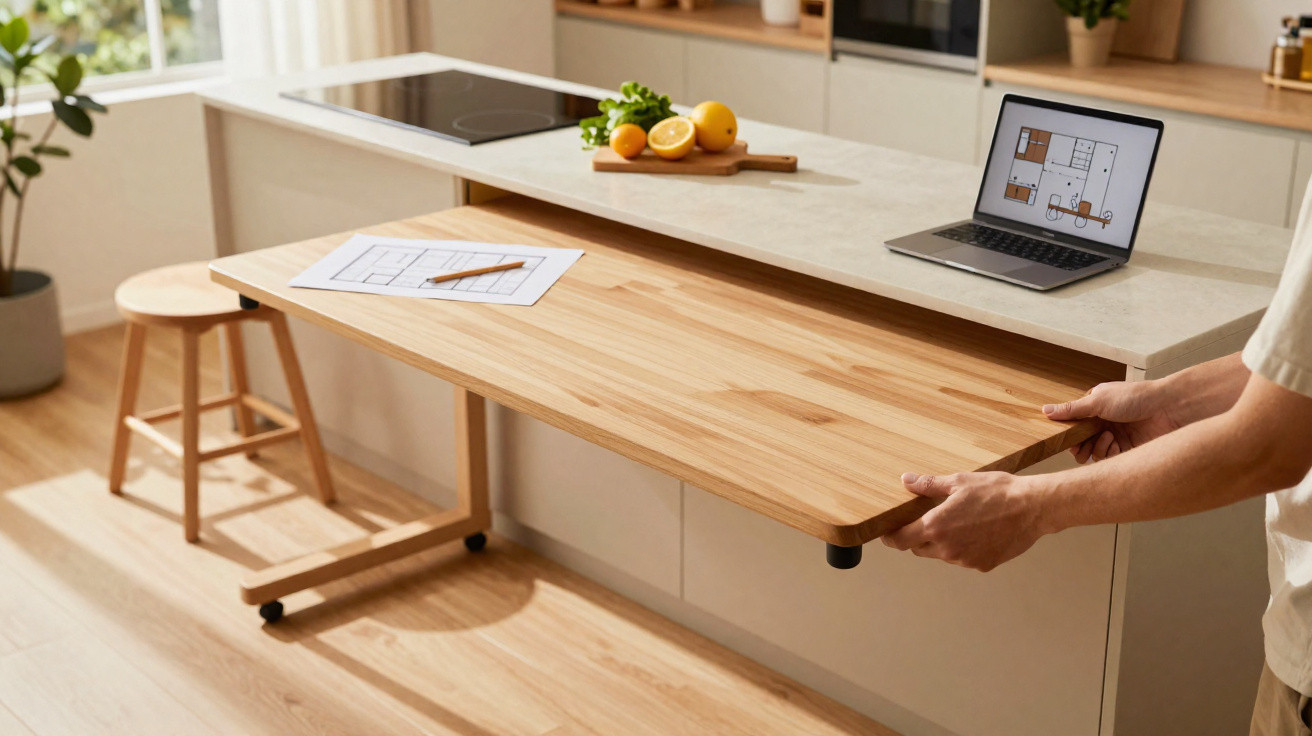 Pessoa a abrir extensão de mesa de madeira numa cozinha moderna com banco, laptop e utensílios de cozinha.