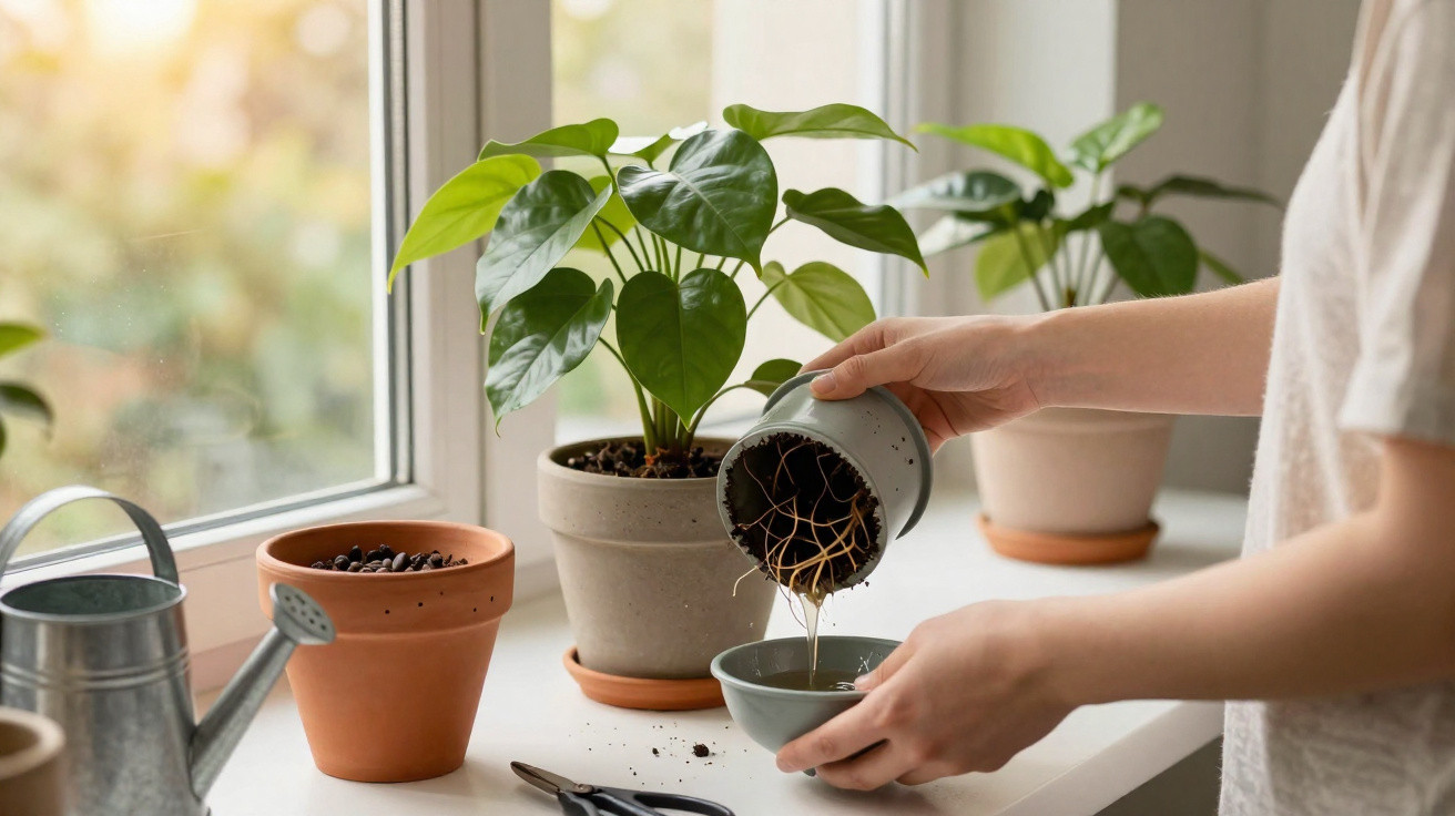 Pessoa a transplantar planta com raízes e terra num vaso junto a uma janela com luz natural.