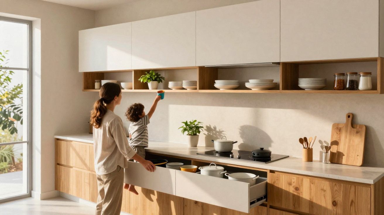 Mãe e filho a arrumar utensílios numa cozinha moderna com móveis de madeira clara e luz natural.
