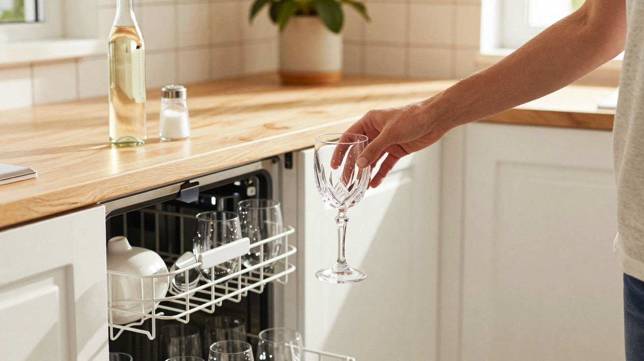Pessoa a retirar copo de cristal do lava-louças numa cozinha com bancada de madeira.