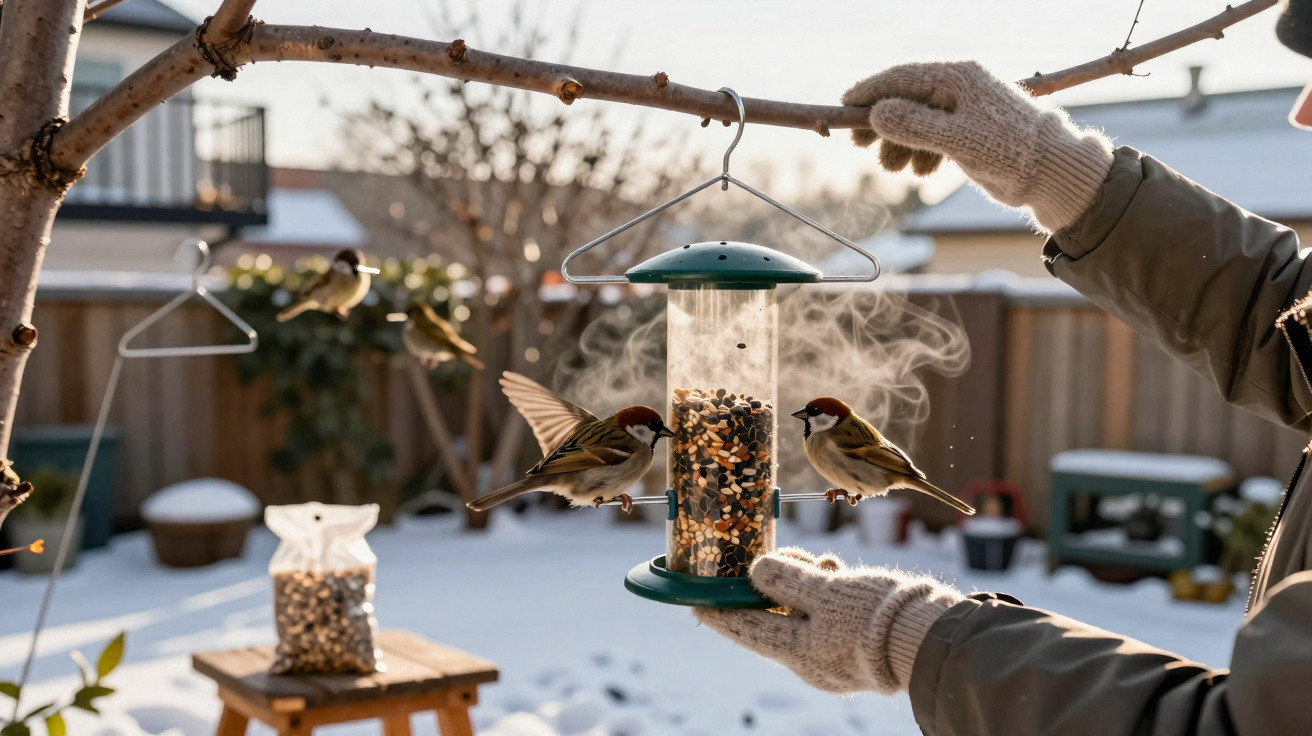Pessoas de luvas a colocar comedouro com sementes e aves a voar num jardim com neve ao fundo.
