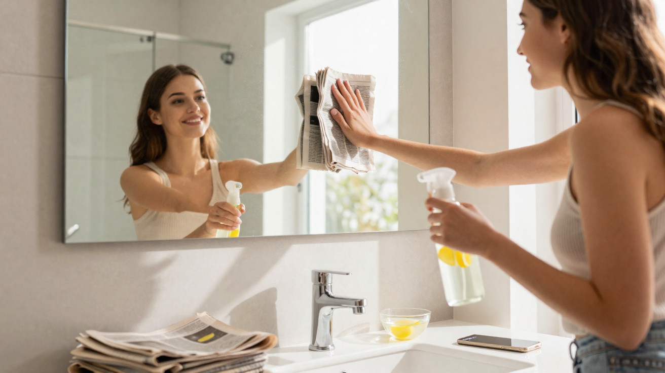 Mulher a limpar o espelho da casa de banho com jornal e spray de limpeza, sorrindo.