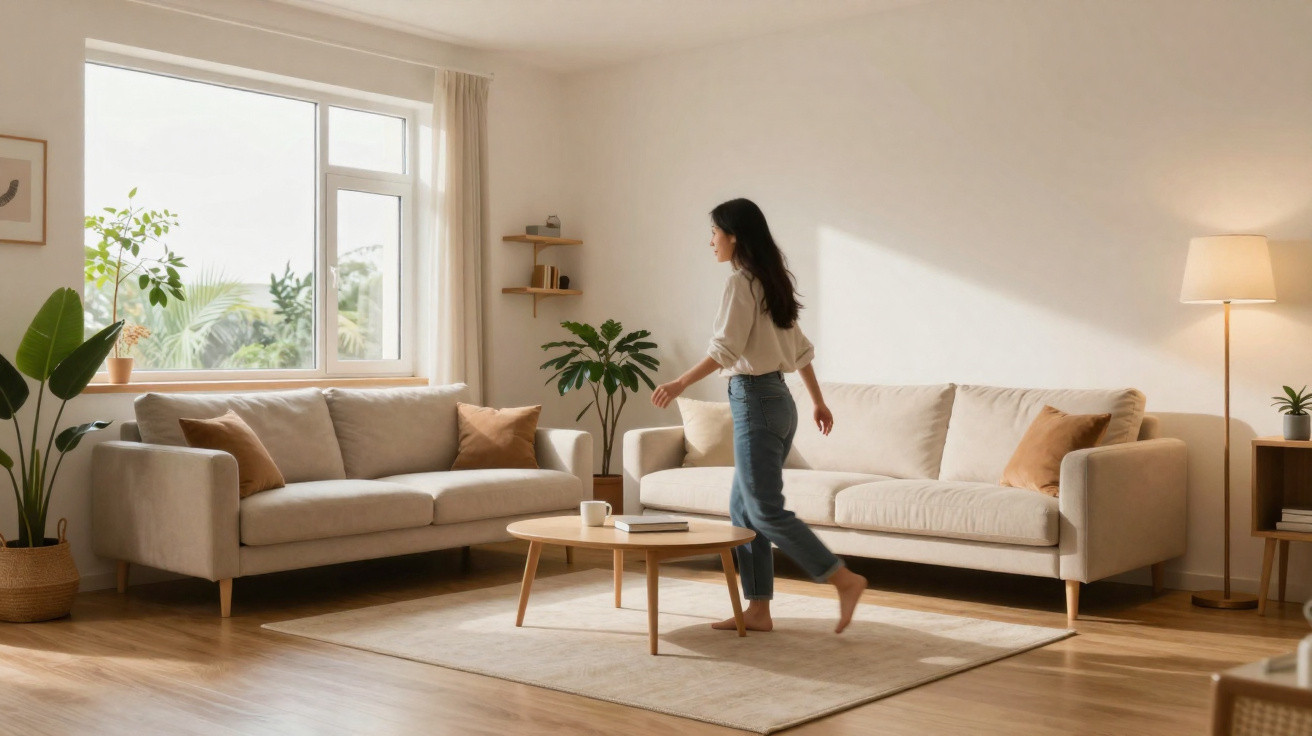Mulher em roupa casual dança ou salta numa sala de estar luminosa com sofá bege e mesa de madeira.