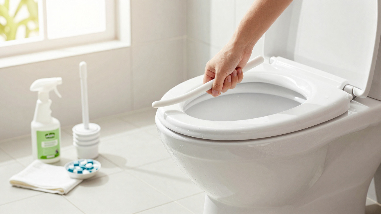 Pessoa a limpar um vaso sanitário branco numa casa de banho clara com produtos de limpeza visíveis.