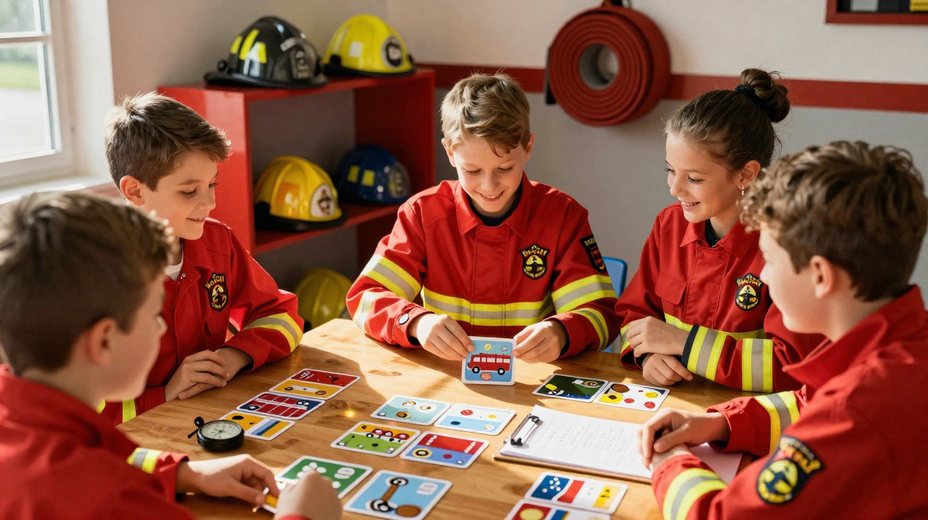 Crianças vestidas de bombeiros jogam cartas educativas numa sala com capacetes e mangueiras ao fundo.