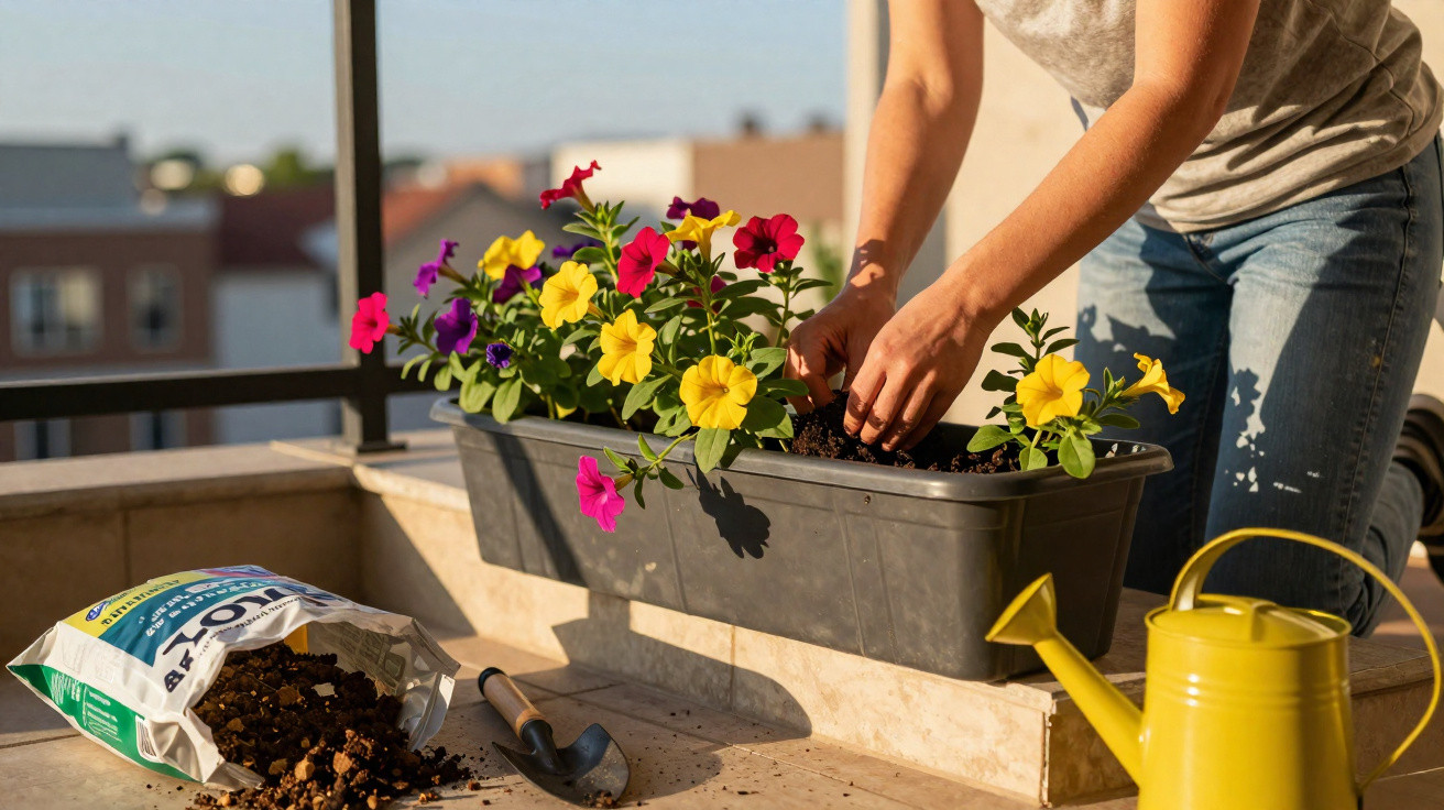 Pessoa a plantar flores num vaso numa varanda, com regador, pá de jardinagem e saco de terra espalhada no chão.