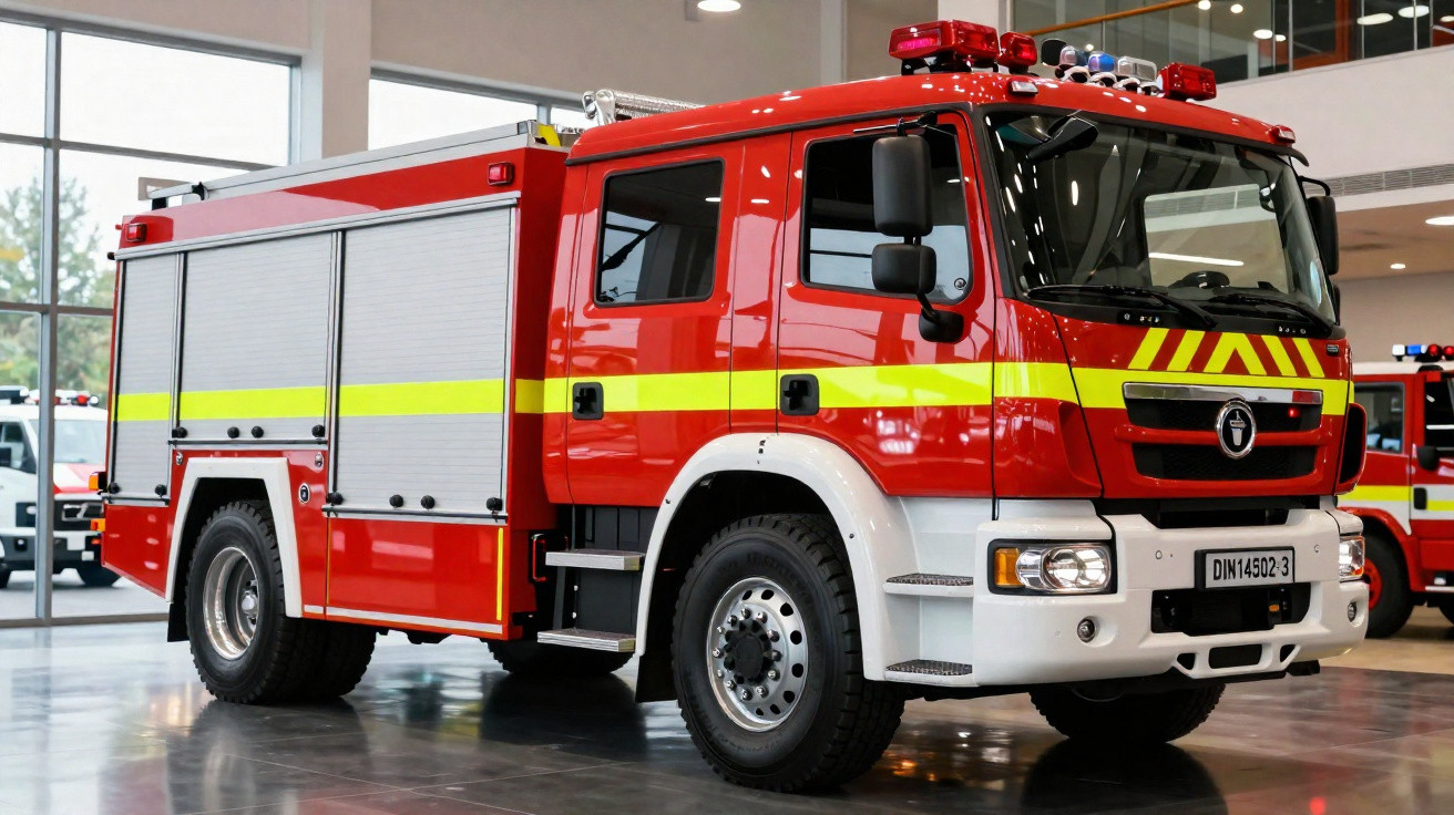 Carro de bombeiros vermelho com faixas amarelas estacionado dentro de garagem moderna.
