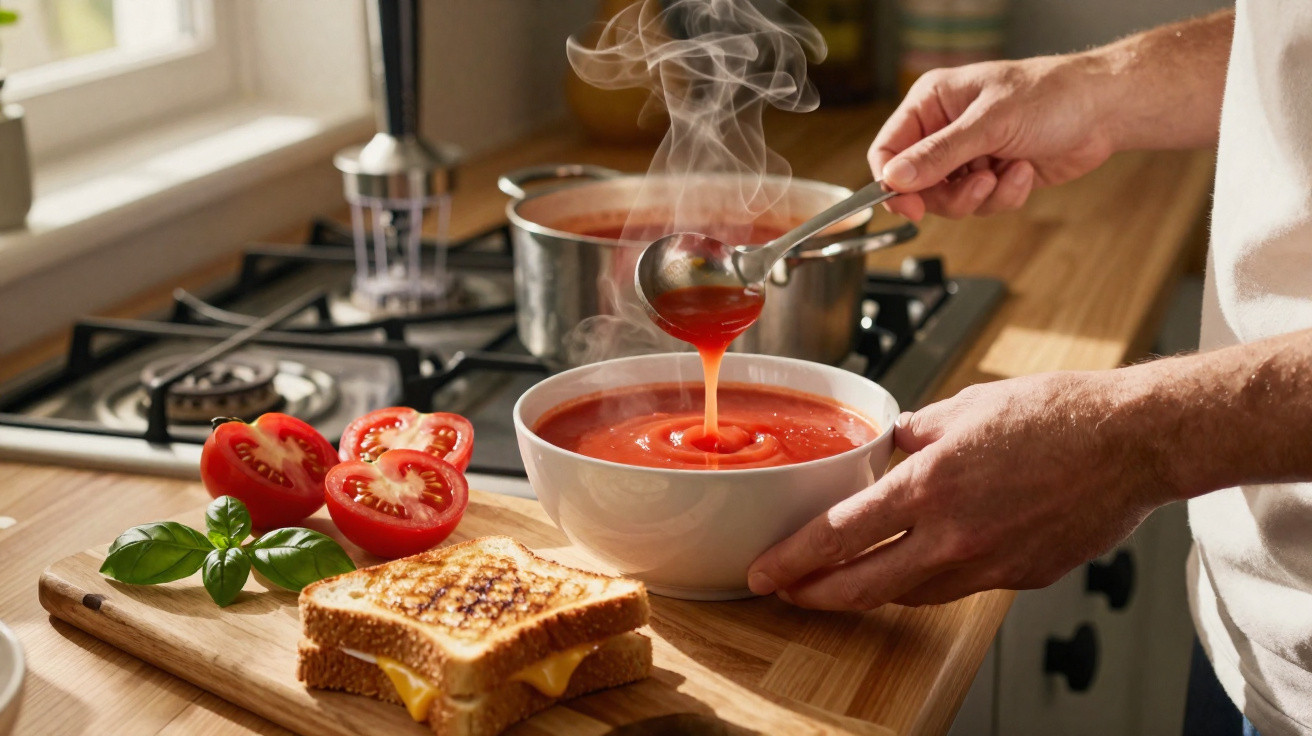 Mãos a servir sopa de tomate fumegante, com tomate cortado, manjericão e sanduíche queijo grelhado.