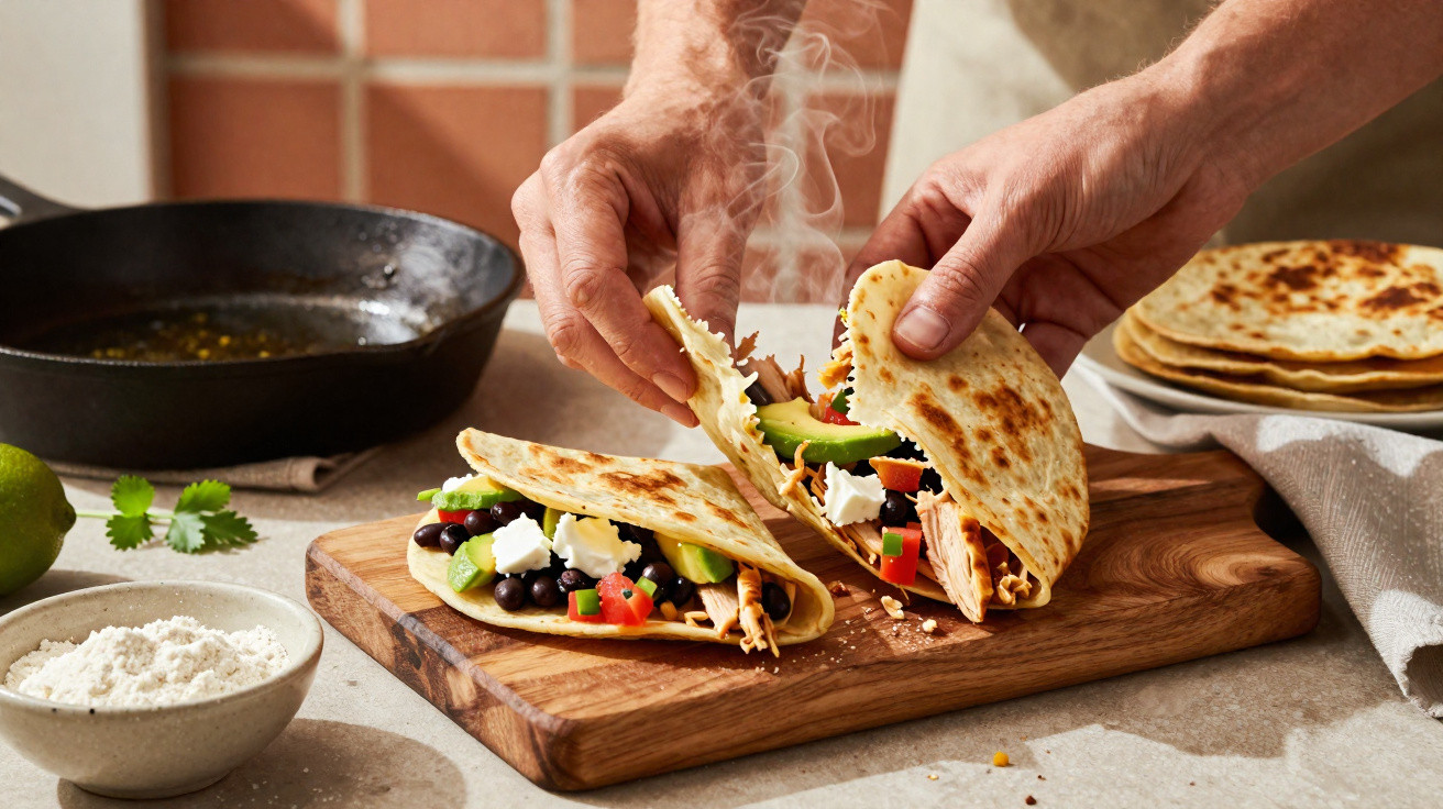Mãos a preparar tacos com feijão, tomate, queijo e alface numa tábua de madeira numa cozinha.