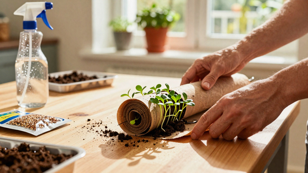 Mãos enrolam tapete biodegradável com mudas verdes em terra, prato metálico e regador ao lado numa mesa de madeira.