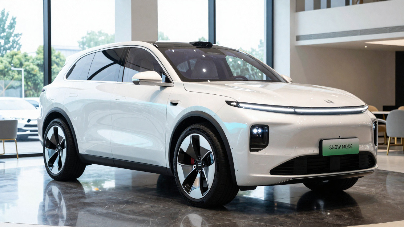 Carro elétrico branco moderno em exposição num showroom com luz natural e chão refletor.