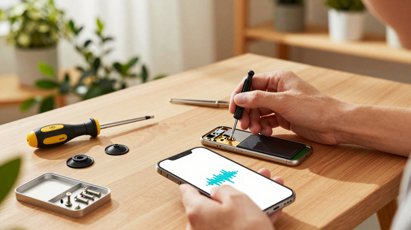 Pessoa a reparar ecrã de smartphone com ferramentas e outro telemóvel na mesa de madeira.