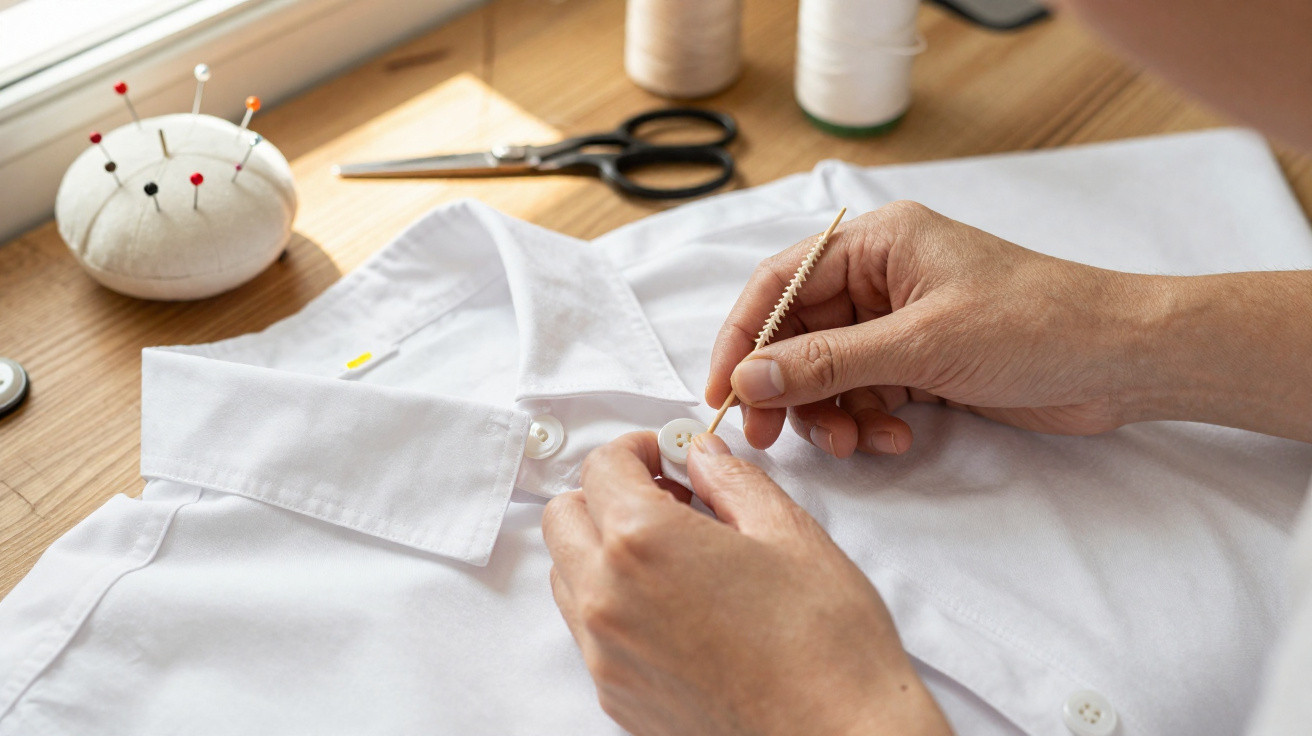 Pessoa a coser um botão numa camisa branca sobre uma mesa de madeira com materiais de costura.