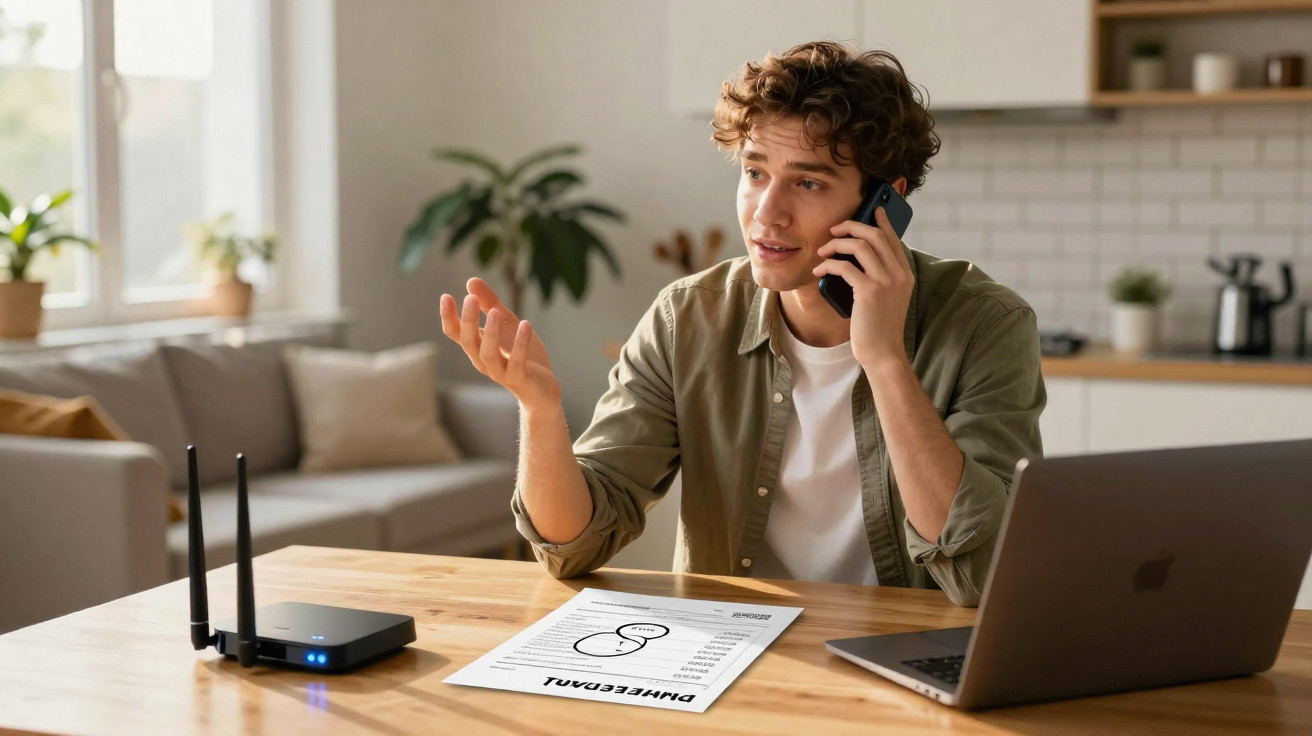 Homem sentado à mesa fala ao telefone com portátil, router e fatura à sua frente numa sala luminosa.