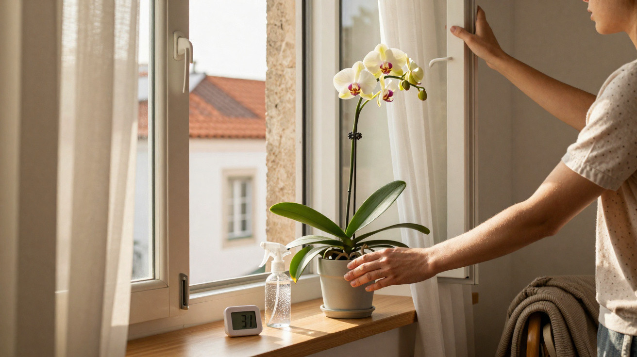 Pessoa a abrir cortinas junto a orquídea amarela numa janela com luz natural suave.