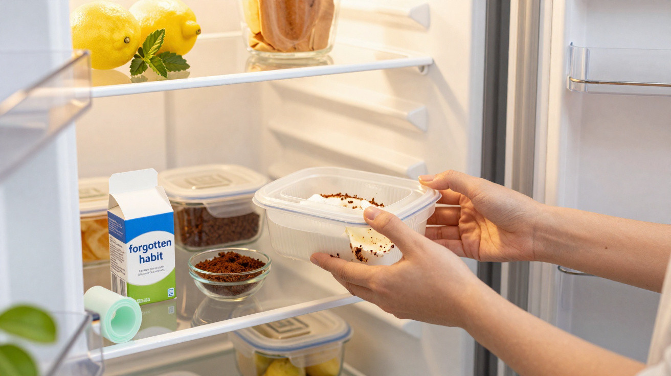 Mãos a colocar um recipiente de plástico num frigorífico com limões, especiarias e outros recipientes.