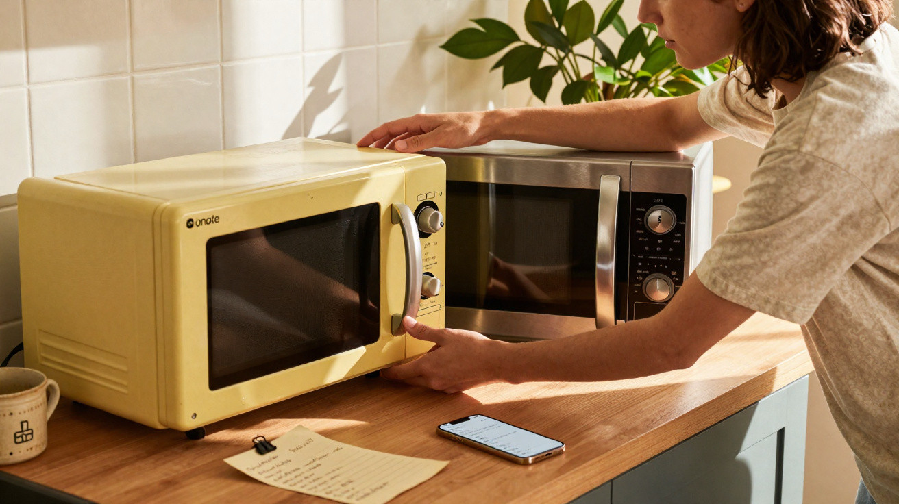Pessoa comparando dois micro-ondas, um amarelo antigo e outro prateado moderno, numa cozinha.