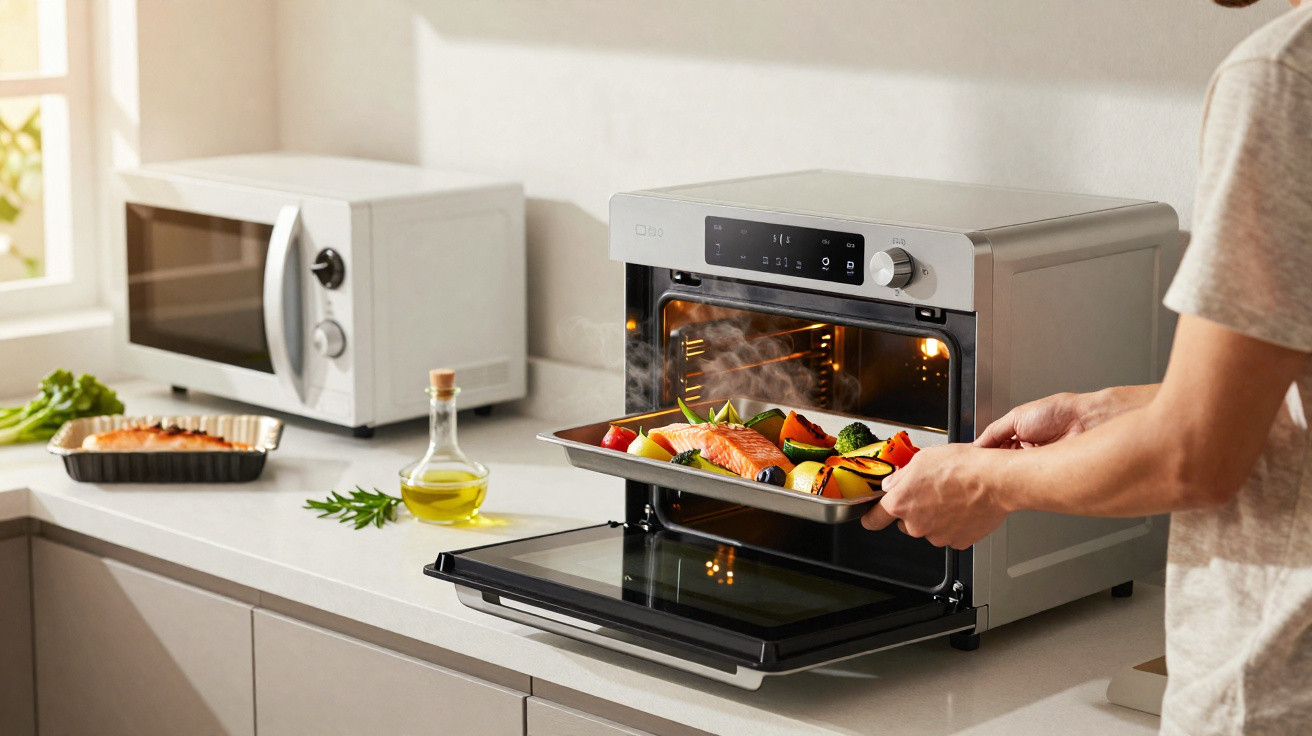 Pessoa a retirar tabuleiro com salmão e legumes de forno elétrico numa cozinha moderna bem iluminada.