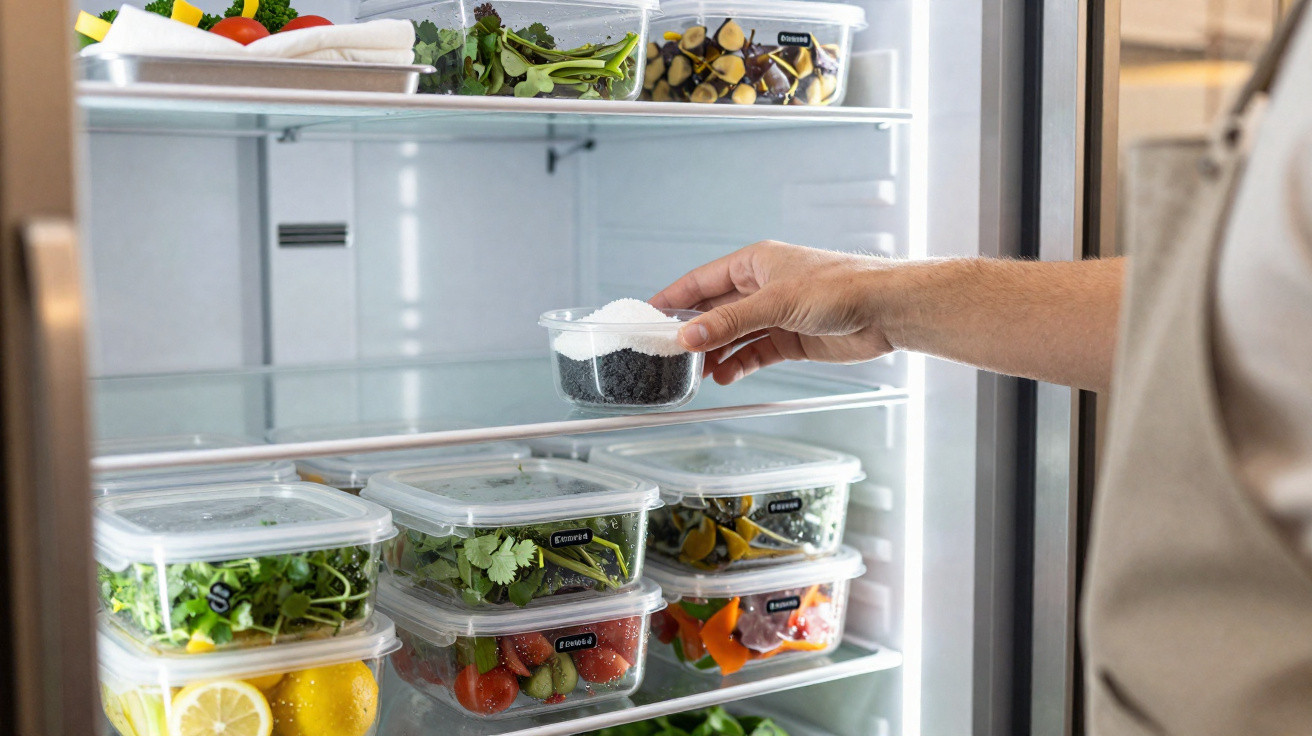 Pessoa a temperar alimentos armazenados em recipientes transparentes numa prateleira de frigorífico industrial.
