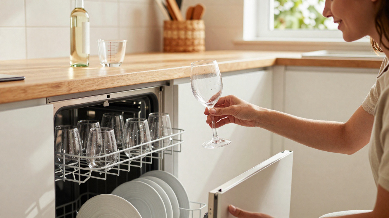 Mulher a guardar copos de vidro limpos numa máquina de lavar loiça numa cozinha moderna e iluminada.