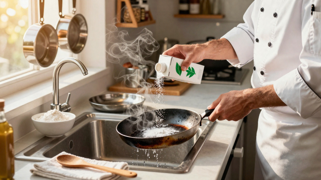 Chef polvilha sal numa frigideira fumegante numa cozinha bem iluminada e organizada.