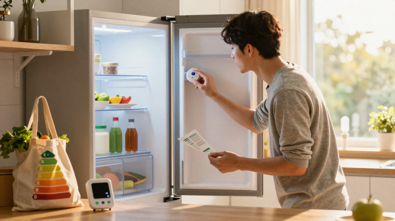 Homem jovem ajusta a temperatura de um frigorífico aberto cheio de frutas e sumos na cozinha moderna.