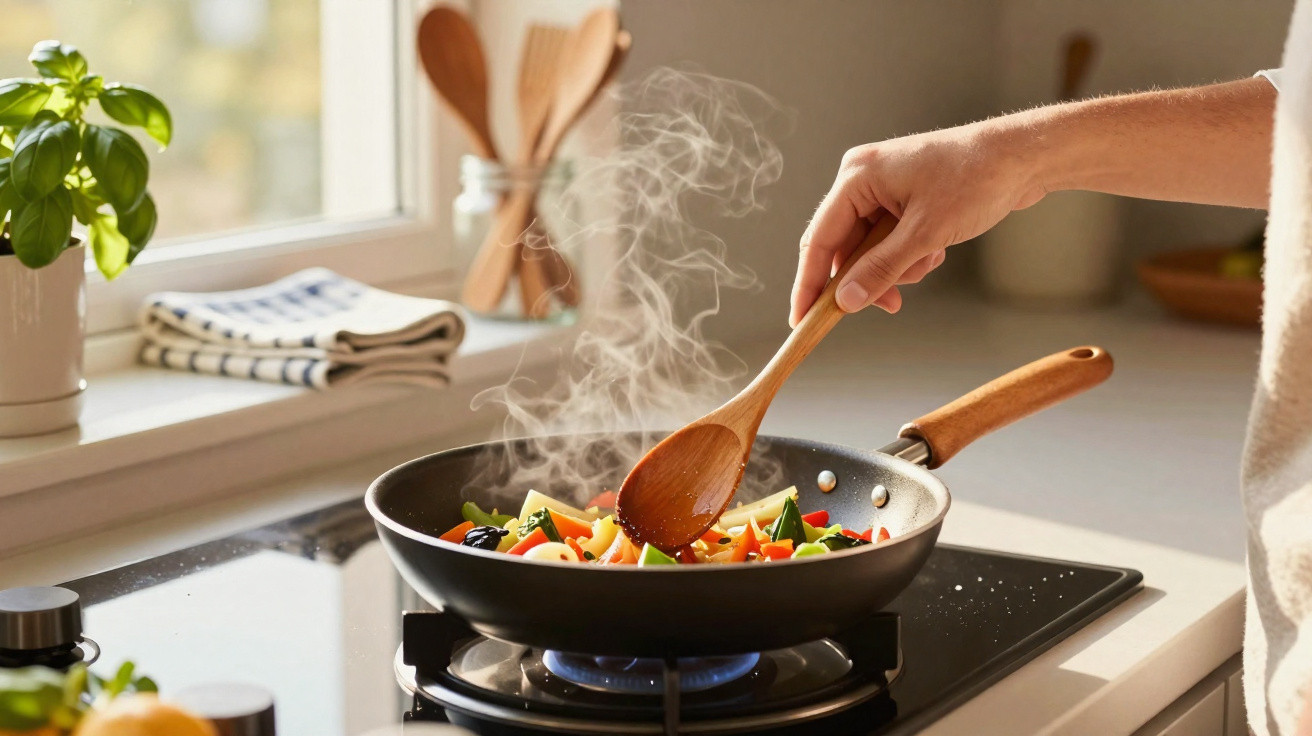 Mão a mexer legumes coloridos numa frigideira quente numa cozinha luminosa com plantas decorativas.