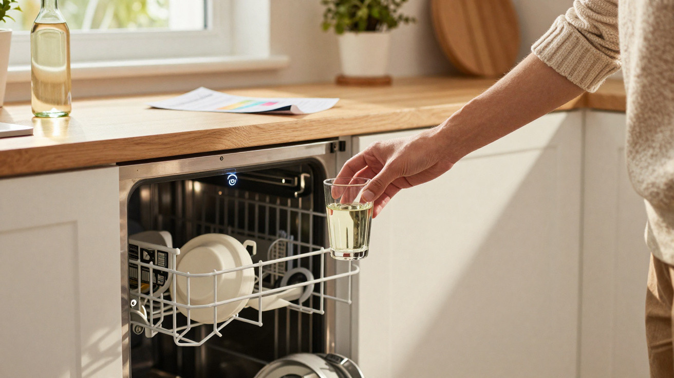Pessoa a colocar copo de vidro num eletrodoméstico máquina de lavar loiça aberta numa cozinha moderna.