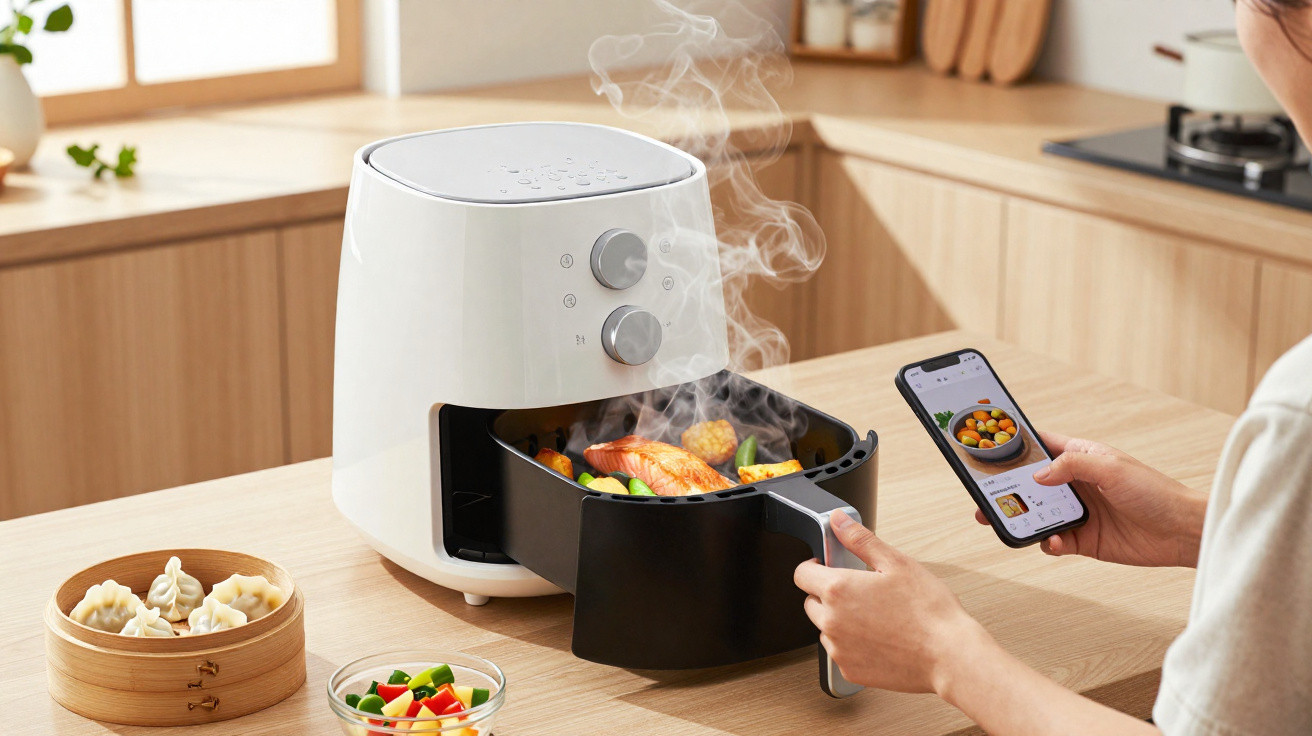 Pessoa a retirar salmão e legumes fumegantes de uma fritadeira elétrica inteligente com smartphone na mão.
