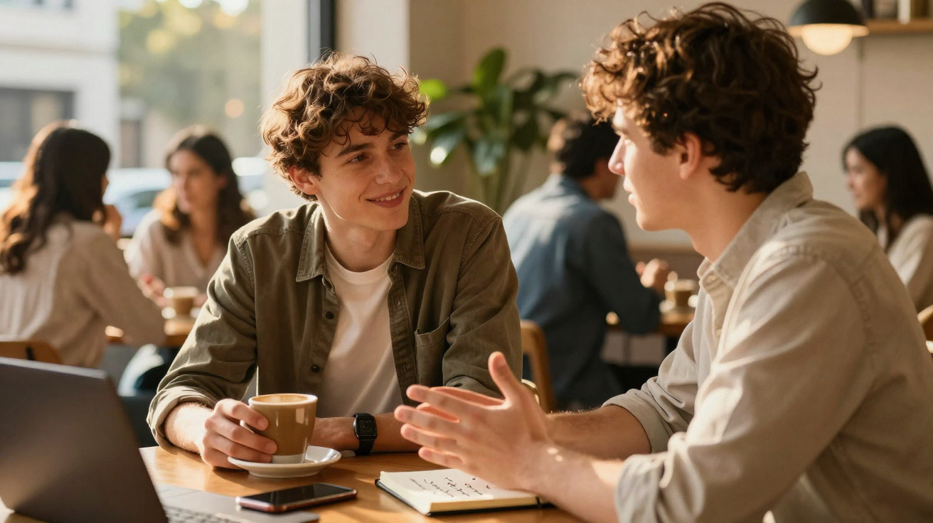 Dois jovens conversam animadamente numa cafetaria, com chá e caderno à sua frente.