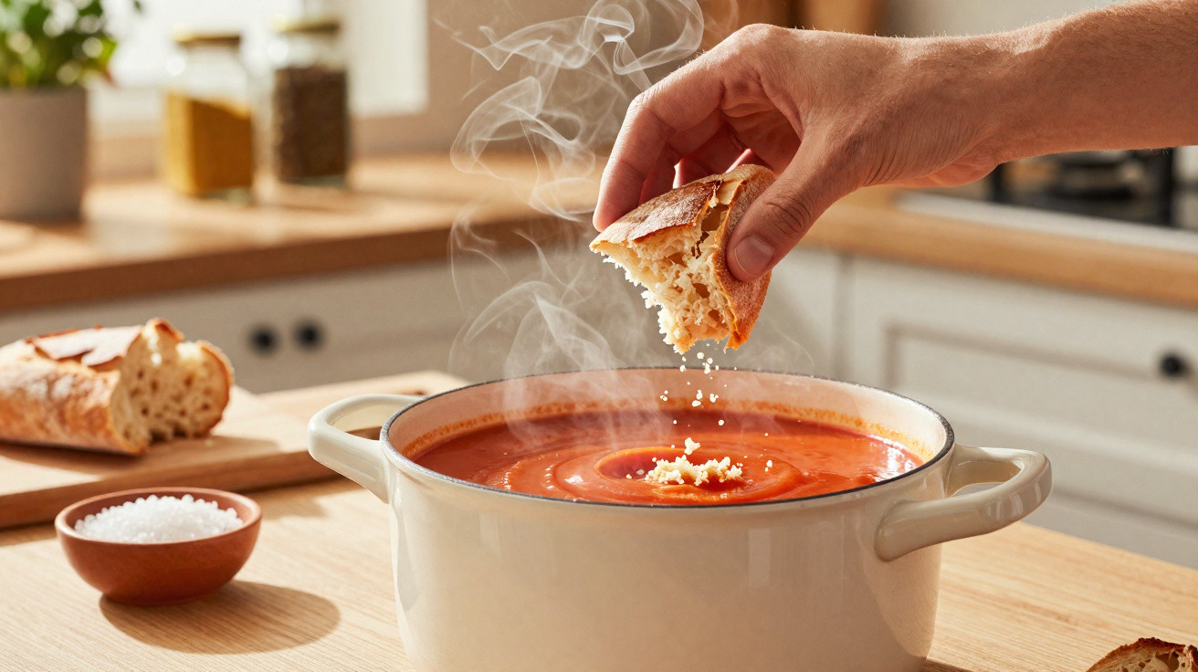 Mão a partir pedaço de pão para o interior de panela com sopa quente fumegante em cozinha.