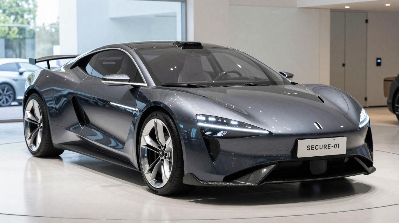 Carro desportivo cinzento metálico com design moderno e continuação aerodinâmica, em exposição interior.