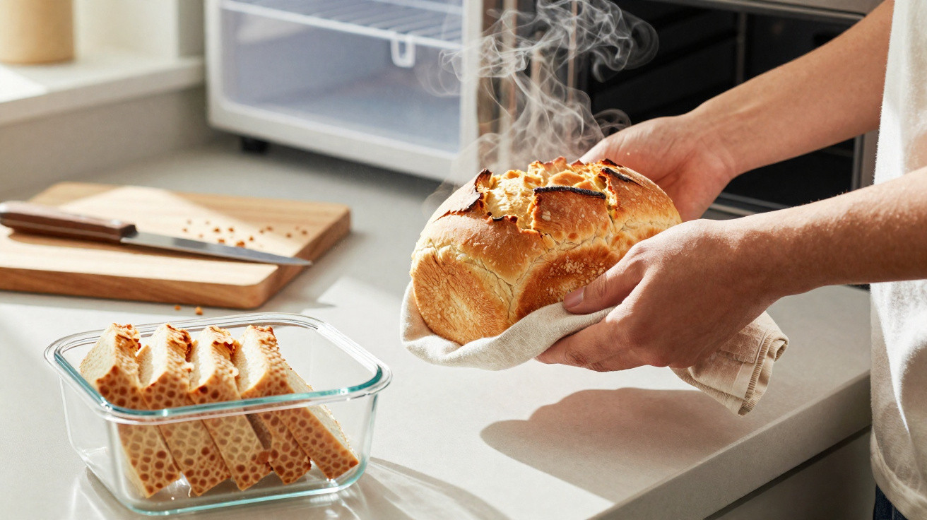 Pessoa a retirar pão quente do forno com pano, próximo a pão cortado em recipiente de vidro.
