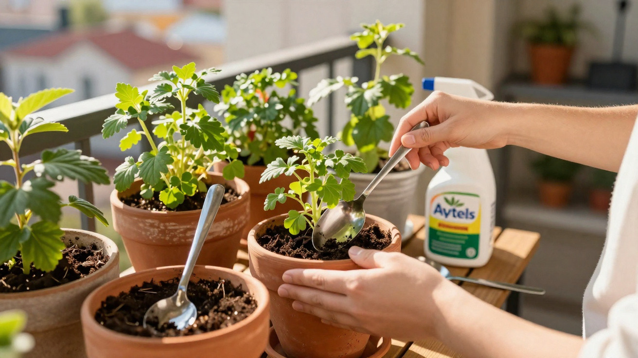 Pessoa a cuidar de plantas em vasos de barro num terraço ensolarado.