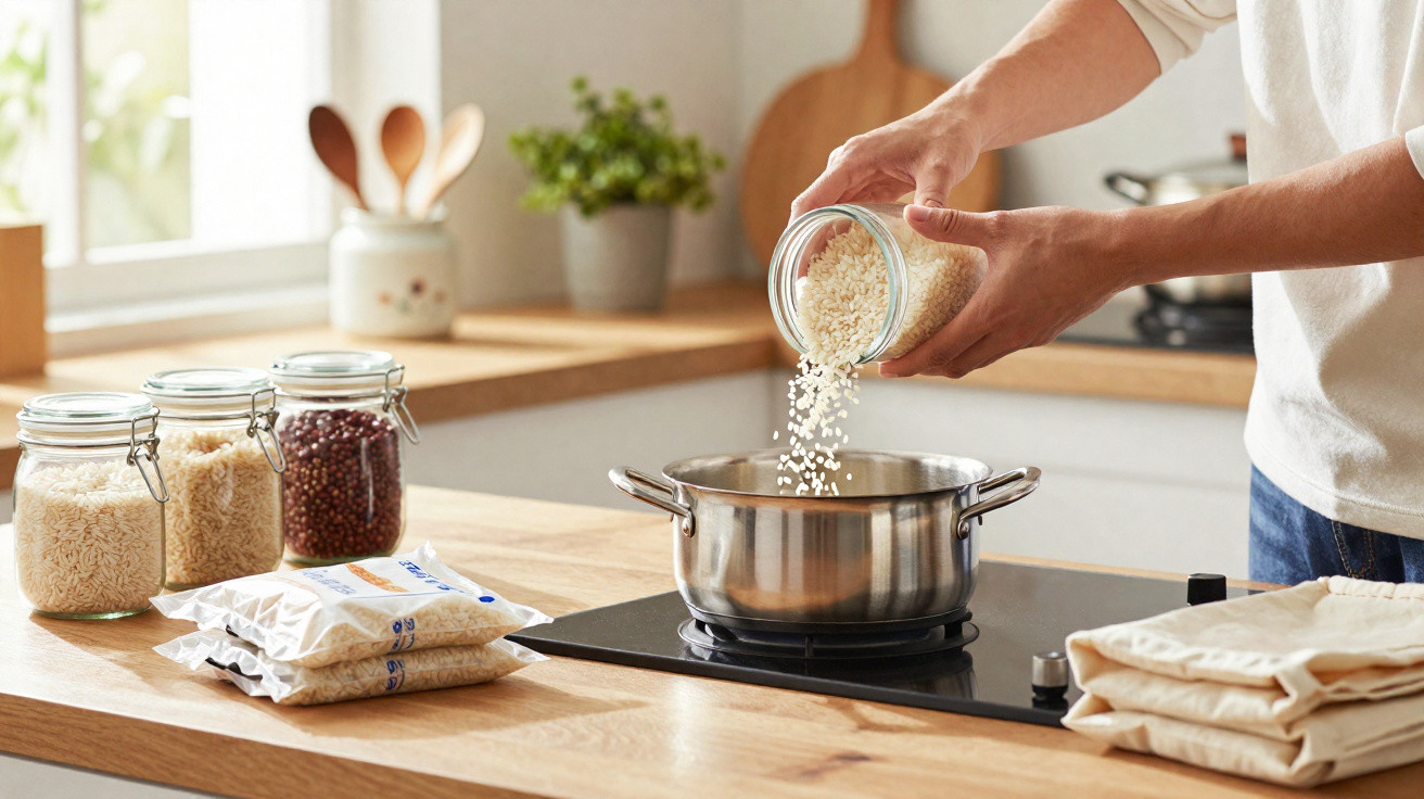 Pessoa a deitar arroz numa panela numa cozinha moderna com frascos de alimentos e saco de arroz na bancada.