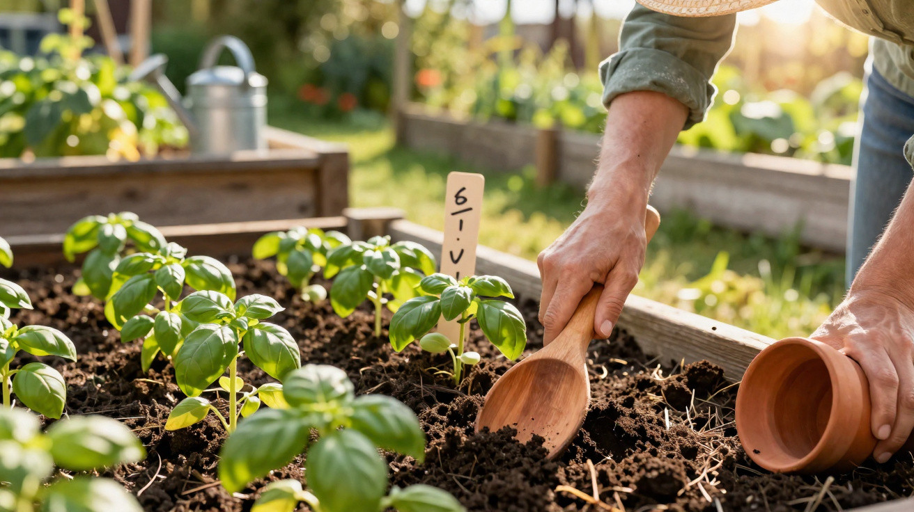 Pessoa a cuidar de plantas num jardim, usando uma colher de madeira para mexer a terra.
